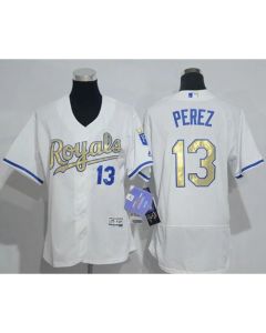 Royals #13 Salvador Perez White Flexbase Authentic 2015 World Series Champions Gold Program Cool Base Women's Stitched MLB Jersey