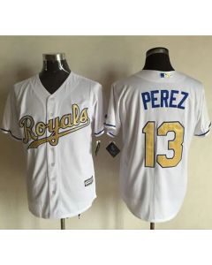 Royals #13 Salvador Perez White New Cool Base 2015 World Series Champions Gold Program Stitched MLB Jersey