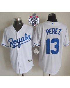 Royals #13 Salvador Perez White New Cool Base W/2015 World Series Patch Stitched MLB Jersey
