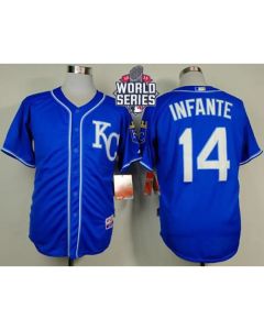 Royals #14 Omar infante Light Blue Alternate 2 Cool Base W/2015 World Series Patch Stitched MLB Jersey