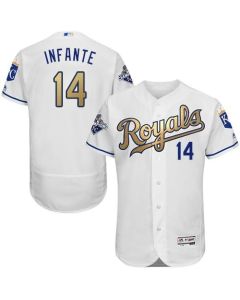 Royals #14 Omar infante White 2015 World Series Champions Gold Program FlexBase Authentic Stitched MLB Jersey