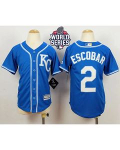 Royals #2 Alcides Escobar Blue Alternate 2 Cool Base W/2015 World Series Patch Stitched Youth MLB Jersey
