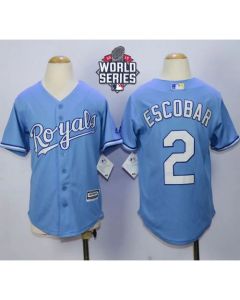 Royals #2 Alcides Escobar Light Blue Alternate 1 Cool Base W/2015 World Series Patch Stitched Youth MLB Jersey