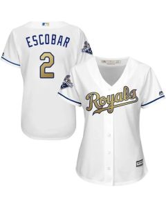 Royals #2 Alcides Escobar White 2015 World Series Champions Gold Program Cool Base Women's Stitched MLB Jersey