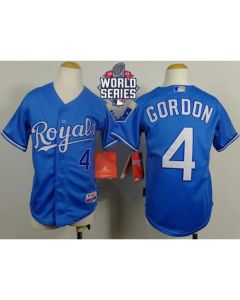 Royals #4 Alex Gordon Light Blue Cool Base Alternate 1 W/2015 World Series Patch Stitched Youth MLB Jersey