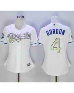 Royals #4 Alex Gordon White 2015 World Series Champions Gold Program Cool Base Women's Stitched MLB Jersey
