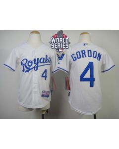 Royals #4 Alex Gordon White Cool Base W/2015 World Series Patch Stitched Youth MLB Jersey