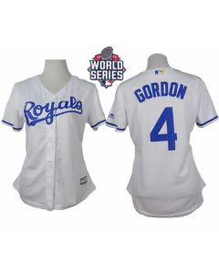 Royals #4 Alex Gordon White Home W/2015 World Series Patch Women's Stitched MLB Jersey