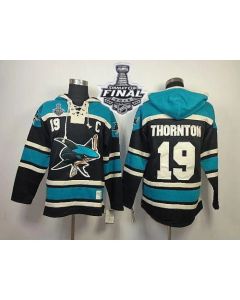 Sharks #19 Joe Thornton Black Sawyer Hooded Sweatshirt 2016 Stanley Cup Final Patch Stitched NHL Jersey