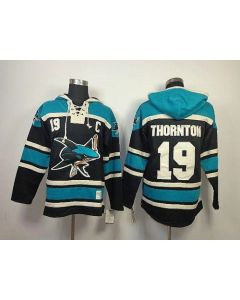 Sharks #19 Joe Thornton Black Sawyer Hooded Sweatshirt Stitched NHL Jersey
