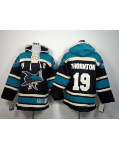 Sharks #19 Joe Thornton Black Sawyer Hooded Sweatshirt Stitched Youth NHL Jersey