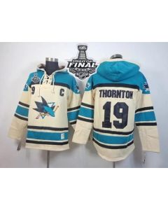 Sharks #19 Joe Thornton Cream Sawyer Hooded Sweatshirt 2016 Stanley Cup Final Patch Stitched NHL Jersey