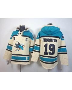 Sharks #19 Joe Thornton Cream Sawyer Hooded Sweatshirt Stitched NHL Jersey