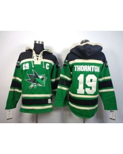 Sharks #19 Joe Thornton Green St. Patrick's Day McNary Lace Hoodie Stitched NHL Jersey