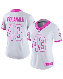 Steelers #43 Troy Polamalu White/Pink Women's Stitched NFL Limited Rush Fashion Jersey
