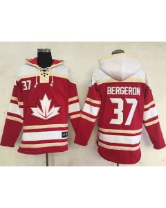 Team CA. #37 Patrice Bergeron Red Sawyer Hooded Sweatshirt 2016 World Cup Stitched NHL Jersey