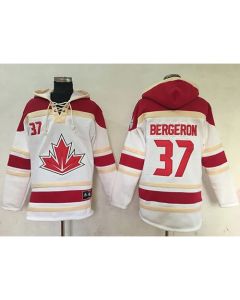 Team CA. #37 Patrice Bergeron White Sawyer Hooded Sweatshirt 2016 World Cup Stitched NHL Jersey