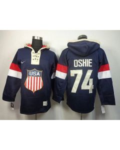 Team USA Olympics #74 T. J. Oshie Navy Blue Sawyer Hooded Sweatshirt Stitched NHL Jersey