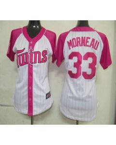 Twins #33 Justin Morneau White/Pink Women's Splash Fashion Stitched MLB Jersey