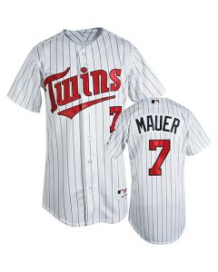 Twins #7 Joe Mauer Stitched White(Blue Strip) Cool Base Youth MLB Jersey