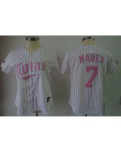 Twins #7 Joe Mauer White Pink Strip Women's Fashion Stitched MLB Jersey