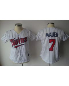 Twins #7 Joe Mauer White With Blue Strip Lady Fashion Stitched MLB Jersey