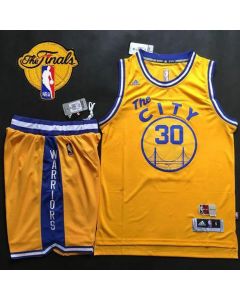Warriors #30 Stephen Curry Gold Throwback The City A Set The Finals Patch Stitched NBA Jersey