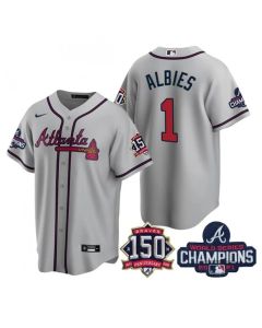 Women's Atlanta Braves #1 Ozzie Albies 2021 Grey World Series Champions With 150th Anniversary Patch Cool Base Stitched Jersey(Run Small)