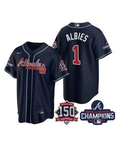 Women's Atlanta Braves #1 Ozzie Albies Navy World Series Champions With 150th Anniversary Patch Cool Base Stitched Jersey(Run Small)