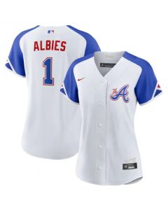 Women's Atlanta Braves #1 Ozzie Albies White 2023 City Connect Stitched Baseball Jersey(Run Small)
