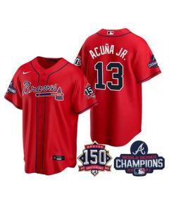 Women's Atlanta Braves #13 Ronald Acuna Jr 2021 Red World Series Champions With 150th Anniversary Patch Cool Base Stitched Jersey(Run Small)