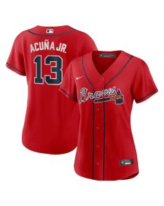 Women's Atlanta Braves #13 Ronald Acuna Jr Red Cool Base Stitched MLB Jersey