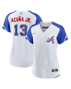 Women's Atlanta Braves #13 Ronald Acuna Jr. White 2023 City Connect Stitched Baseball Jersey(Run Small)