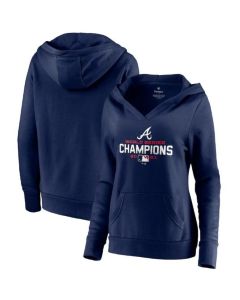 Women's Atlanta Braves 2021 Navy World Series Champions Crossover Neck Pullover Hoodie(Run Small)