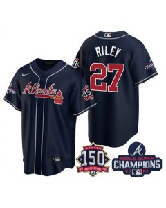 Women's Atlanta Braves #27 Austin Riley 2021 Navy World Series Champions With 150th Anniversary Patch Cool Base Stitched Jersey(Run Small)