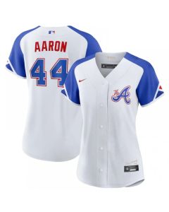 Women's Atlanta Braves #44 Hank Aaron White 2023 City Connect Stitched Baseball Jersey(Run Small)