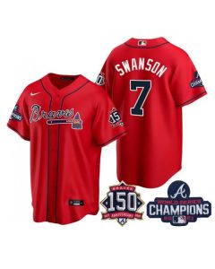 Women's Atlanta Braves #7 Dansby Swanson 2021 Red World Series Champions With 150th Anniversary Patch Cool Base Stitched Jersey(Run Small)