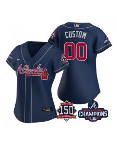 Women's Atlanta Braves Customized 2021 Navy World Series Champions With 150th Anniversary Stitched Jersey(Run Small)