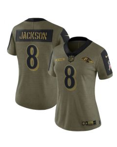 Women's Baltimore Ravens #8 Lamar Jackson 2021 Olive Salute To Service Limited Stitched Jersey(Run Small)