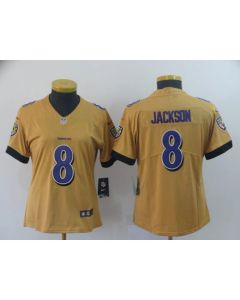 Women's Baltimore Ravens #8 Lamar Jackson Gold Inverted Legend Stitched NFL Jersey(Run Small)
