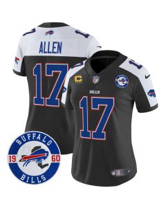 Women's Buffalo Bills #17 Josh Allen Black With 4-Star C Patch & Est. 1960 Patch Vapor Limited Jersey (Black)