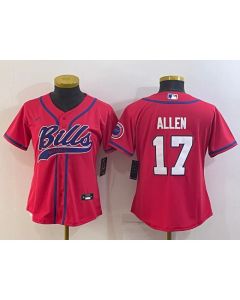 Women's Buffalo Bills #17 Josh Allen Red With Patch Cool Base Stitched Baseball Jersey(Run Small)