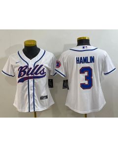 Women's Buffalo Bills #3 Damar Hamlin White With Patch Cool Base Stitched Baseball Jersey(Run Small)