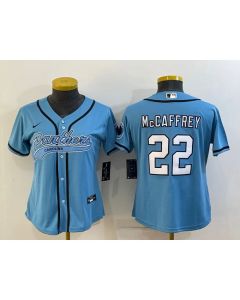 Women's Carolina Panthers #22 Christian McCaffrey Blue With Patch Cool Base Stitched Baseball Jersey(Run Small)