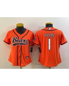 Women's Chicago Bears #1 Justin Fields Orange With Patch Cool Base Stitched Baseball Jersey(Run Small)