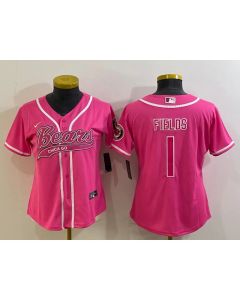 Women's Chicago Bears #1 Justin Fields Pink With Patch Cool Base Stitched Baseball Jersey(Run Small)