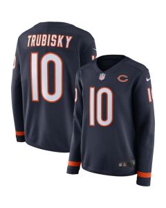 Women's Chicago Bears #10 Mitchell Trubisky Navy Therma Long Sleeve Stitched NFL Jersey