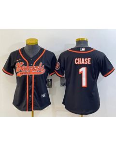 Women's Cincinnati Bengals #1 Ja'Marr Chase Black With Patch Cool Base Stitched Baseball Jersey(Run Small)