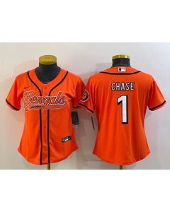 Women's Cincinnati Bengals #1 Ja'Marr Chase Orange With Patch Cool Base Stitched Baseball Jersey(Run Small)