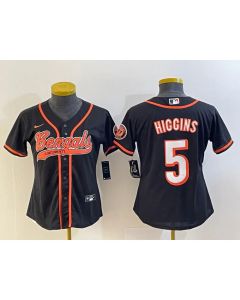 Women's Cincinnati Bengals #5 Tee Higgins Black With Patch Cool Base Stitched Baseball Jersey(Run Small)